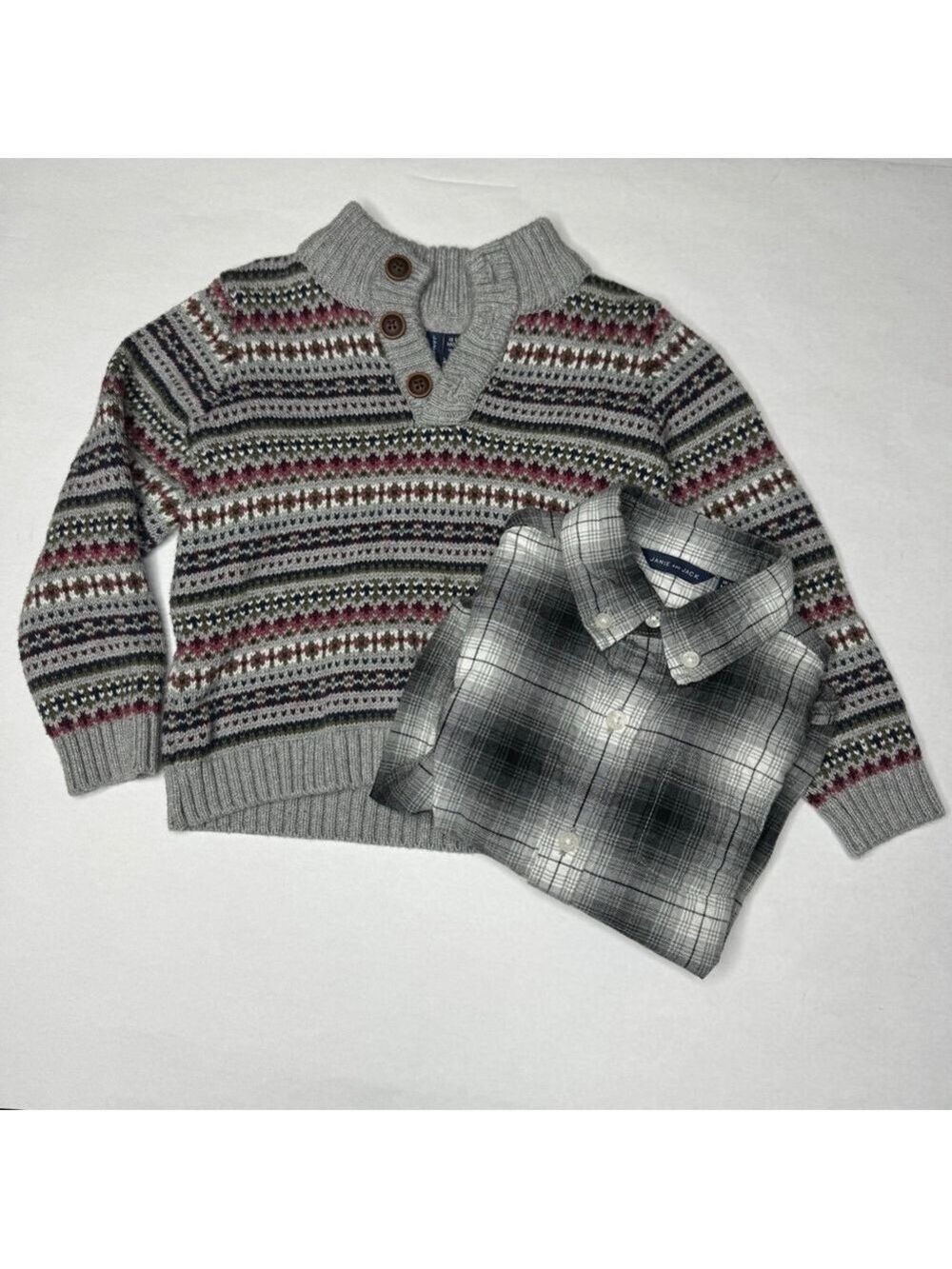 Janie and Jack Grey Heather Fair Isle Sweater Flannel Shirt Bundle 18-24 Months